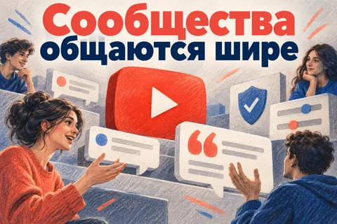 Логотип YouTube и надпись «Сообщества общаются шире»: Узнаваемый красный логотип YouTube, текстовые карточки и крупные кавычки, надпись Сообщества общаются