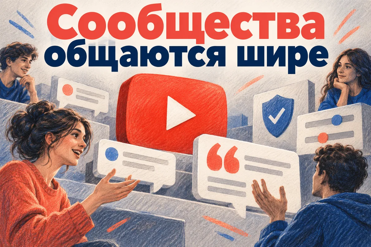 Логотип YouTube и надпись «Сообщества общаются шире»: Узнаваемый красный логотип YouTube, текстовые карточки и крупные кавычки, надпись Сообщества общаются