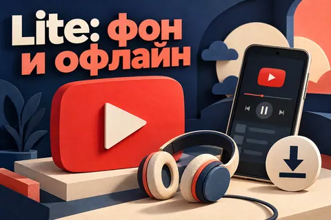 Логотип YouTube и надпись «Lite: фон и офлайн»: Красный логотип YouTube, лёгкая карточка Lite, наушники и значок офлайн рядом с телефоном