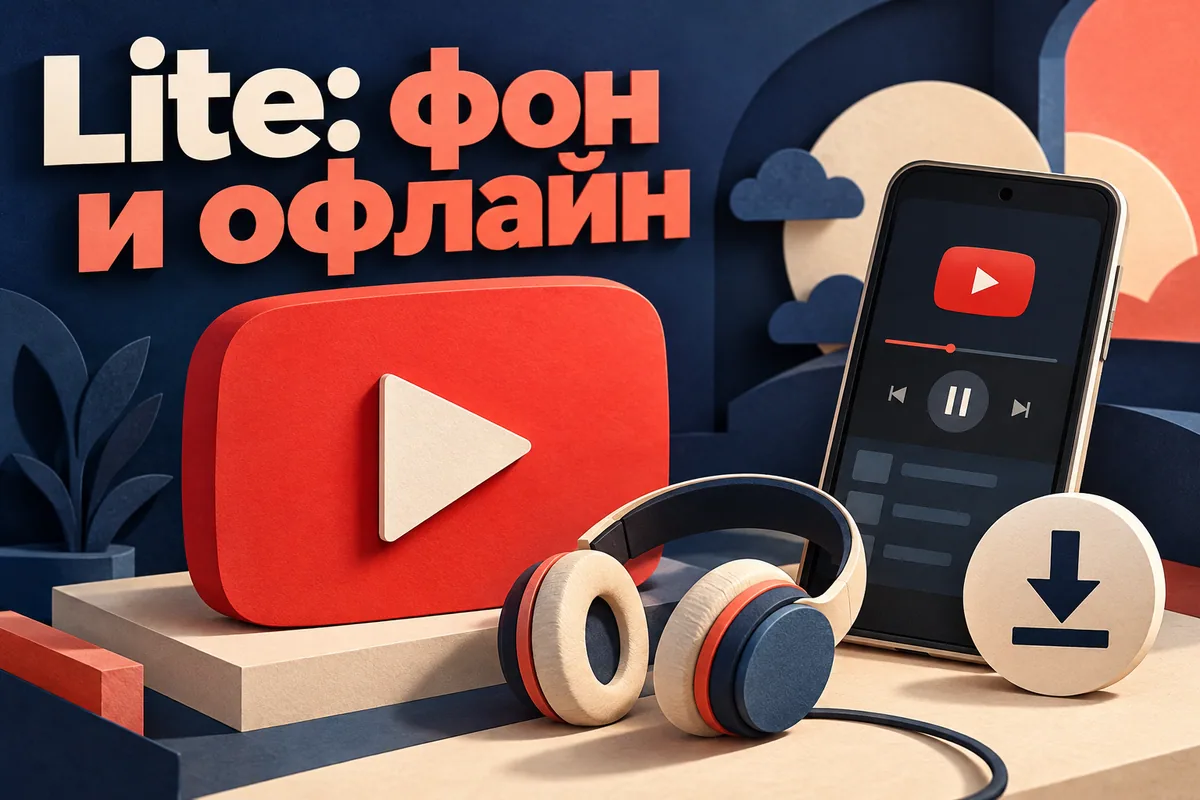 Логотип YouTube и надпись «Lite: фон и офлайн»: Красный логотип YouTube, лёгкая карточка Lite, наушники и значок офлайн рядом с телефоном