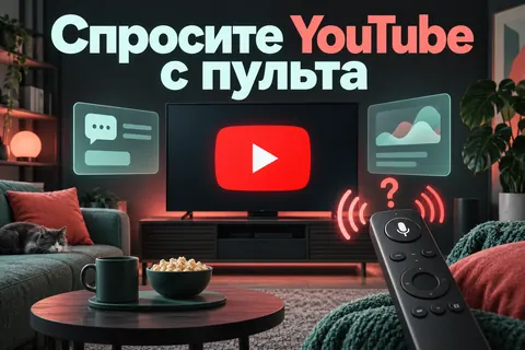 Логотип YouTube и надпись «Спросите YouTube с пульта»: Логотип YouTube на большом телевизоре, пульт с микрофоном и вопросительные речевые волны
