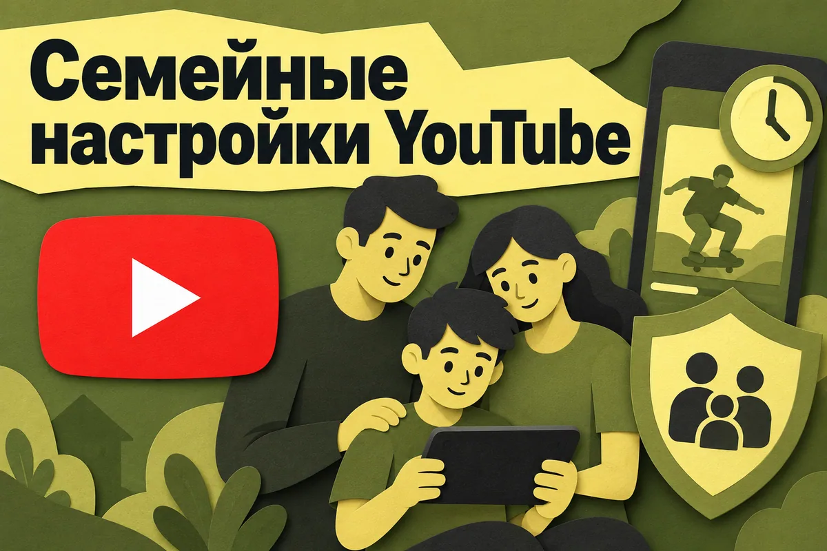 Логотип YouTube и надпись «Семейные настройки YouTube»: Логотип YouTube, нейтральная семейная схема аккаунтов, таймер Shorts и мягкий щит