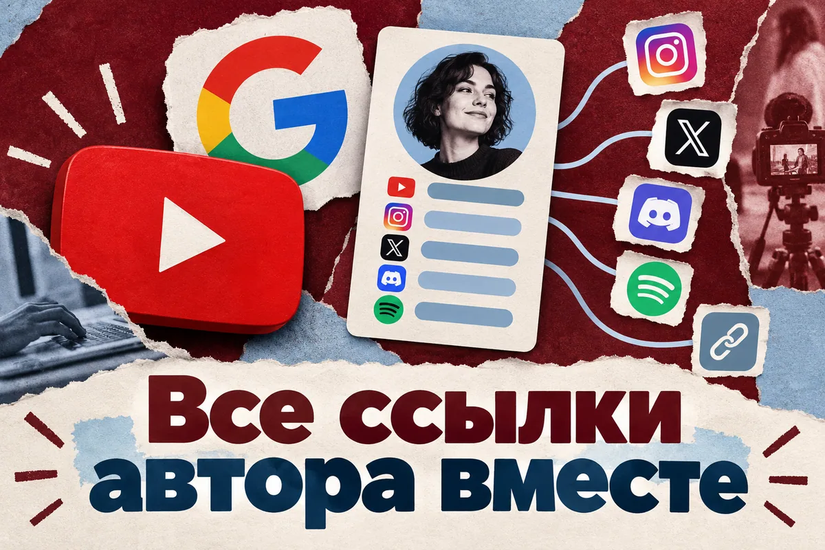 Логотип YouTube и надпись «Все ссылки автора вместе»: Логотип YouTube рядом с узнаваемым Google G и карточкой автора, вокруг разные социальные значки и ссылки