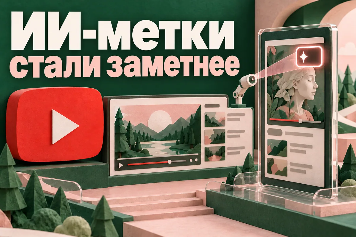 Логотип YouTube и надпись «ИИ-метки стали заметнее»: Красный логотип YouTube, длинный плеер и вертикальный экран с выделенными редакционными AI-метками