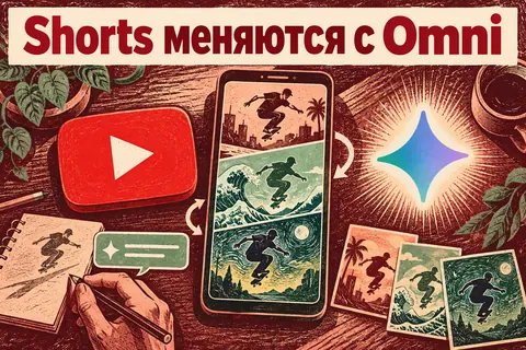 Логотип YouTube и надпись «Shorts меняются с Omni»: Логотип YouTube и сияющий знак Gemini рядом с вертикальной сценой, меняющей стиль по текстовому запросу