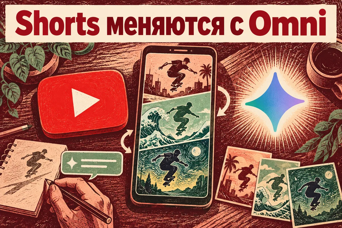 Логотип YouTube и надпись «Shorts меняются с Omni»: Логотип YouTube и сияющий знак Gemini рядом с вертикальной сценой, меняющей стиль по текстовому запросу