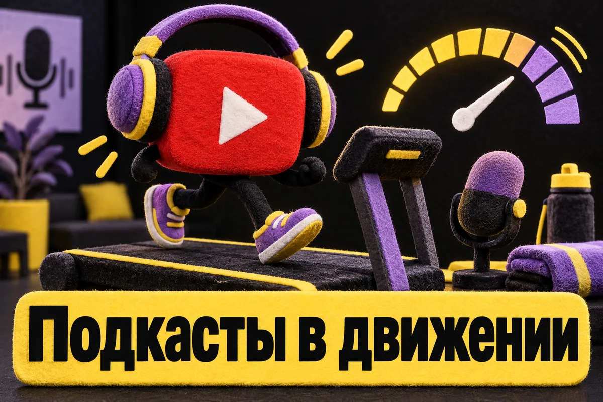 Логотип YouTube и надпись «Подкасты в движении»: Логотип YouTube, крупные наушники, беговая дорожка и динамичная шкала скорости без ложных замеров