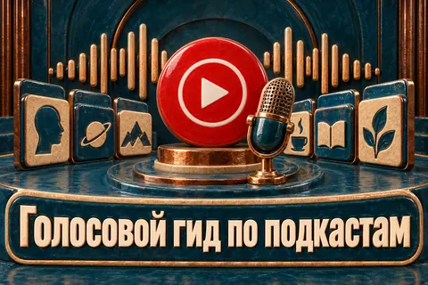 Логотип YouTube Music и надпись «Голосовой гид по подкастам»: Узнаваемый логотип YouTube Music, микрофон и очередь подкастов в виде звуковой волны