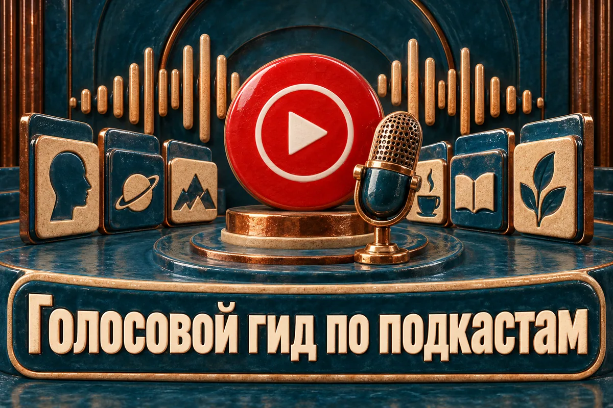 Логотип YouTube Music и надпись «Голосовой гид по подкастам»: Узнаваемый логотип YouTube Music, микрофон и очередь подкастов в виде звуковой волны