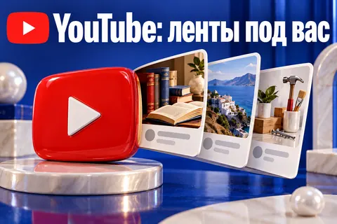 Логотип YouTube и надпись «YouTube: ленты под вас»: Красный логотип YouTube и три разные визуальные ленты — книги, путешествия, DIY — раскрываются как веер