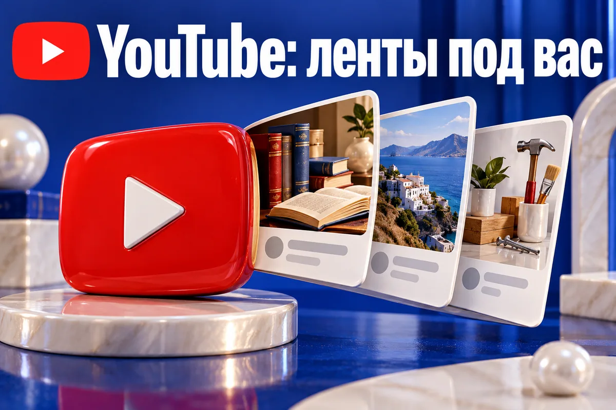 Логотип YouTube и надпись «YouTube: ленты под вас»: Красный логотип YouTube и три разные визуальные ленты — книги, путешествия, DIY — раскрываются как веер