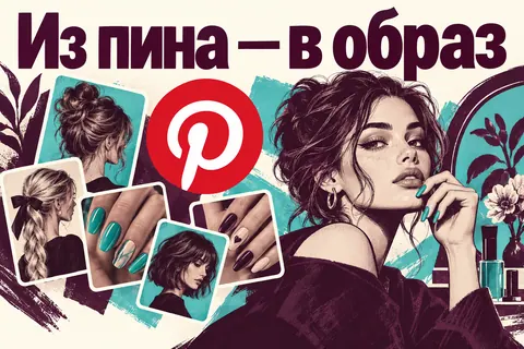 Логотип Pinterest и надпись «Из пина — в образ»: Узнаваемый красный логотип Pinterest, журнальные карточки причёски и маникюра превращаются в крупный