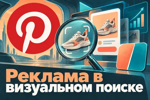 Логотип Pinterest и надпись «Реклама в визуальном поиске»: Большой логотип Pinterest, лупа над изображением товара, яркая рекламная карточка и отдельный значок A/B