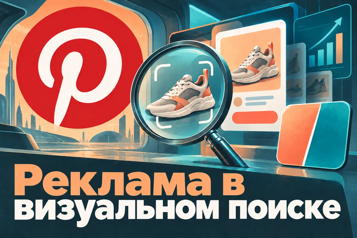 Логотип Pinterest и надпись «Реклама в визуальном поиске»: Большой логотип Pinterest, лупа над изображением товара, яркая рекламная карточка и отдельный значок A/B