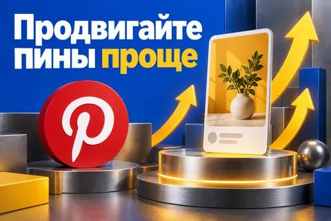 Логотип Pinterest и надпись «Продвигайте пины проще»: Красный узнаваемый логотип Pinterest, один эффектный пин на подиуме и несколько стрелок охвата