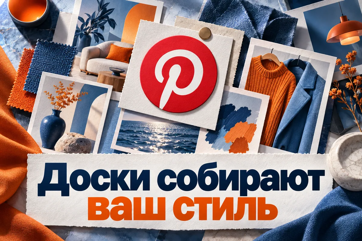 Логотип Pinterest и надпись «Доски собирают ваш стиль»: Логотип Pinterest встроен в многослойную moodboard-доску с тканями, интерьером и одеждой