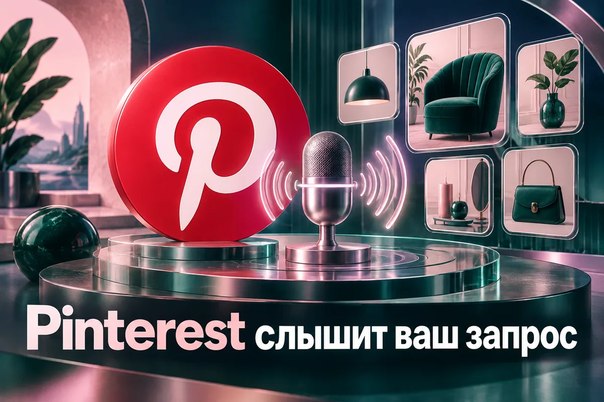 Логотип Pinterest и надпись «Pinterest слышит ваш запрос»: Крупный логотип Pinterest, микрофон и визуальные результаты по запросу собираются в красивую цветовую