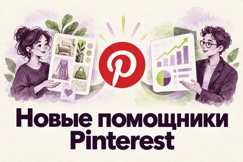 Логотип Pinterest и надпись «Новые помощники Pinterest»: Логотип Pinterest между двумя разными визуальными помощниками — покупательским moodboard и деловым
