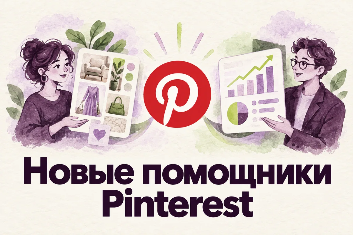 Логотип Pinterest и надпись «Новые помощники Pinterest»: Логотип Pinterest между двумя разными визуальными помощниками — покупательским moodboard и деловым