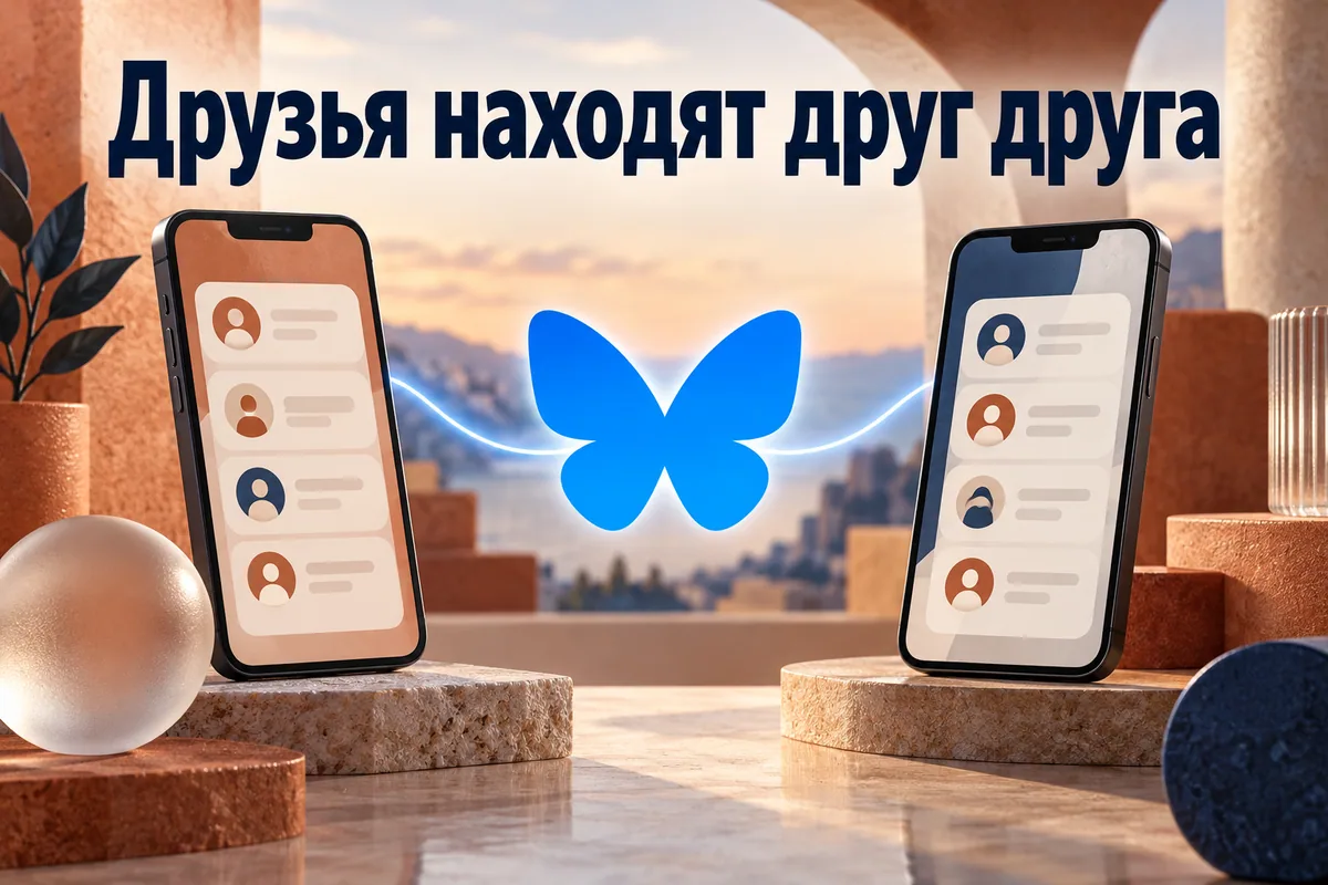 Логотип Bluesky и надпись «Друзья находят друг друга»: Узнаваемая голубая бабочка Bluesky соединяет два телефона с взаимными адресными книгами