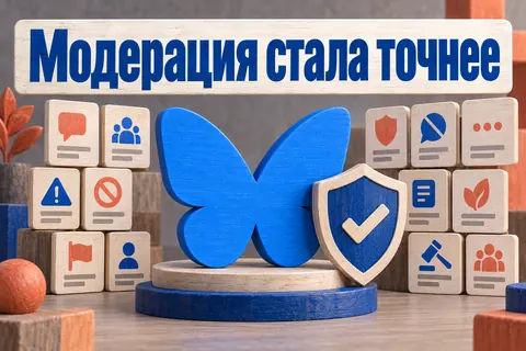 Логотип Bluesky и надпись «Модерация стала точнее»: Логотип-бабочка Bluesky, щит и чёткие карточки причин жалоб без опасного контента