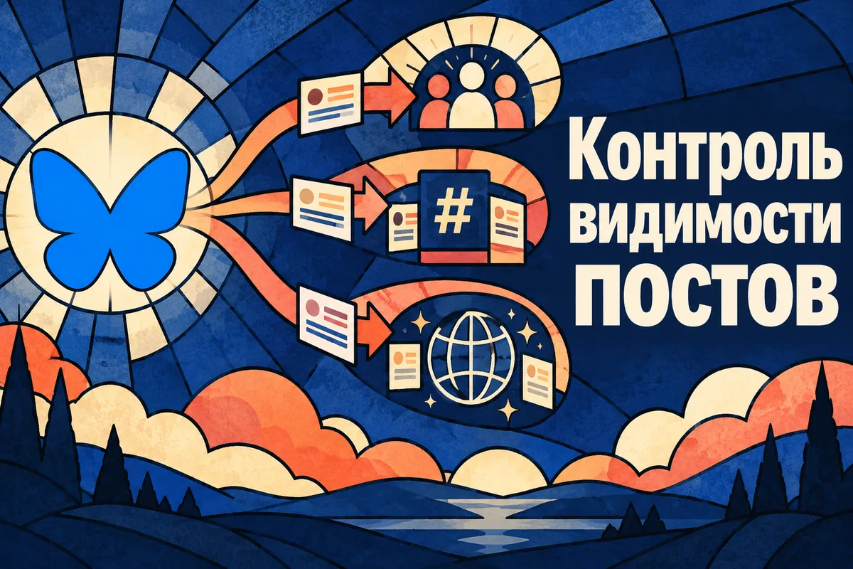 Логотип Bluesky и надпись «Контроль видимости постов»: Голубая бабочка Bluesky и три разных маршрута публикации: подписчики, тематическая лента, Discover