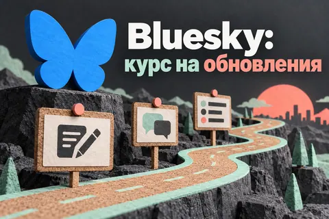Логотип Bluesky и надпись «Bluesky: курс на обновления»: Узнаваемый логотип Bluesky в начале открытой дорожной карты с событиями, постами и лентами