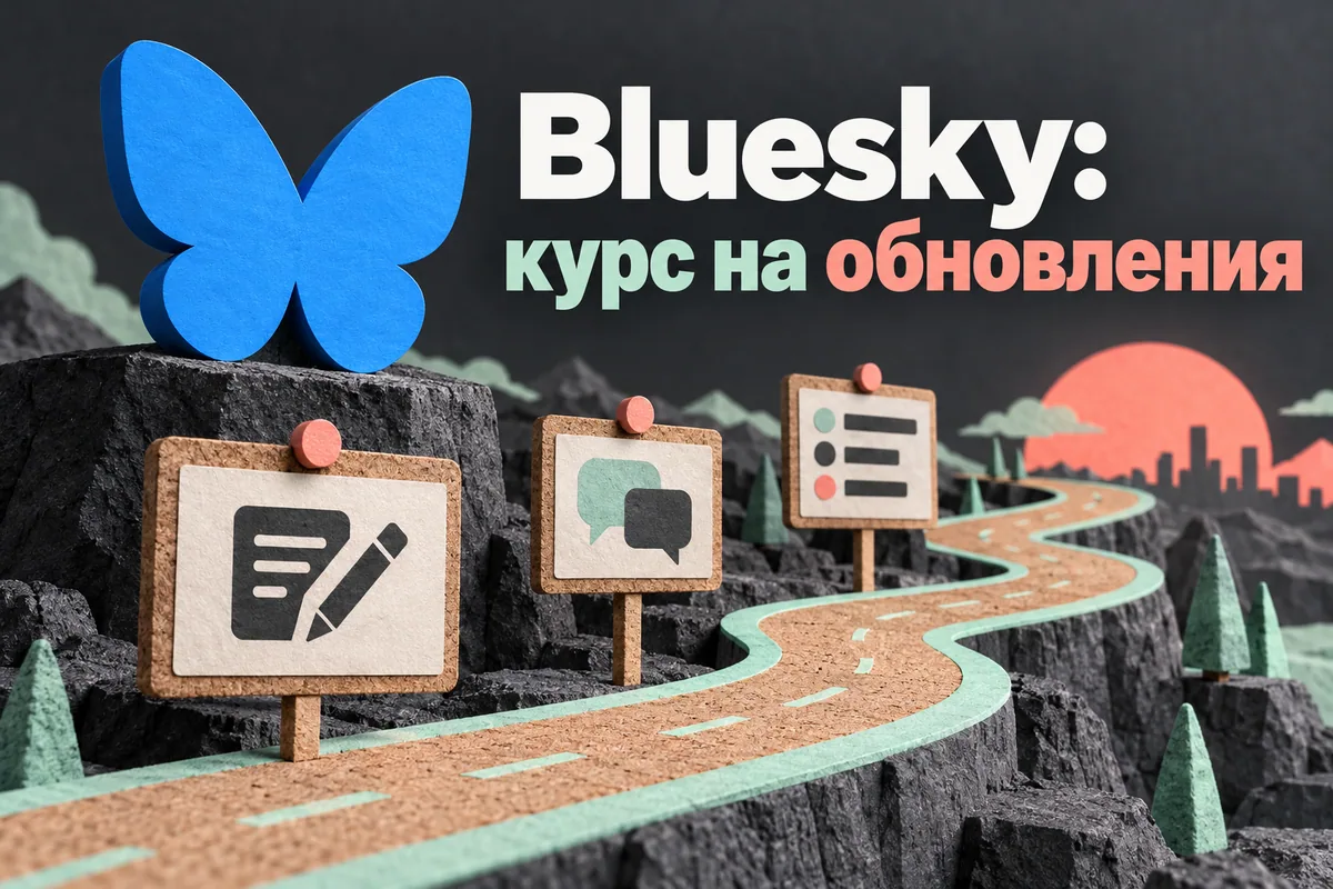 Логотип Bluesky и надпись «Bluesky: курс на обновления»: Узнаваемый логотип Bluesky в начале открытой дорожной карты с событиями, постами и лентами