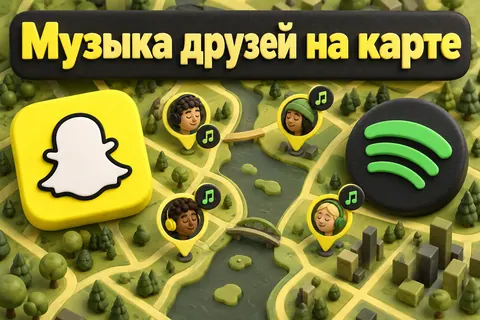 Логотип Snapchat и надпись «Музыка друзей на карте»: Разные узнаваемые логотипы Snapchat и Spotify над яркой картой с музыкальными точками