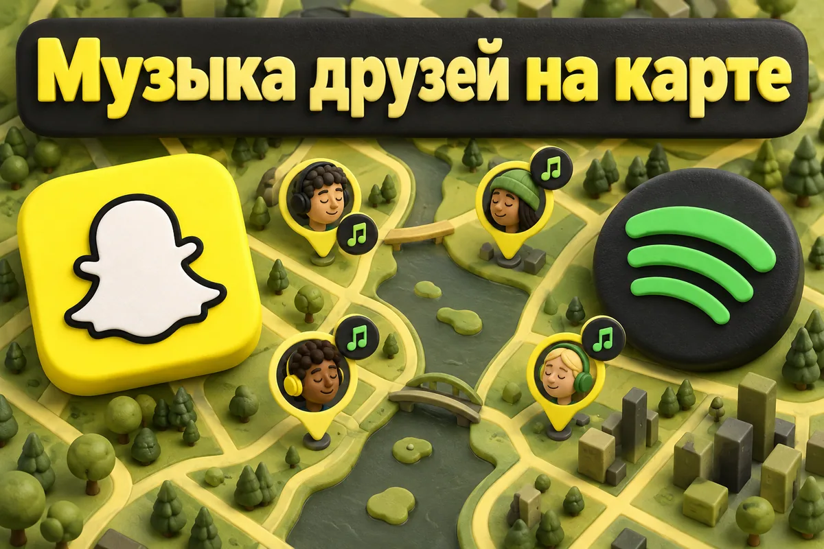 Логотип Snapchat и надпись «Музыка друзей на карте»: Разные узнаваемые логотипы Snapchat и Spotify над яркой картой с музыкальными точками