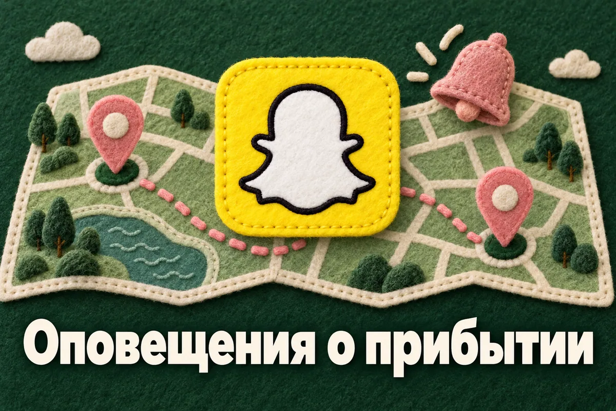 Логотип Snapchat и надпись «Оповещения о прибытии»: Логотип Snapchat, карта с двумя выбранными точками и мягкий уведомительный колокольчик