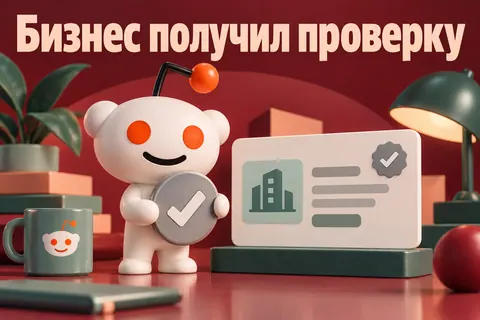 Логотип Reddit и надпись «Бизнес получил проверку»: Узнаваемый оранжевый логотип Reddit, серая галочка и профессиональная карточка компании