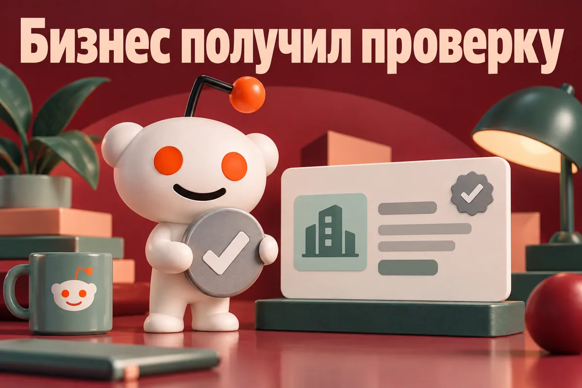 Логотип Reddit и надпись «Бизнес получил проверку»: Узнаваемый оранжевый логотип Reddit, серая галочка и профессиональная карточка компании