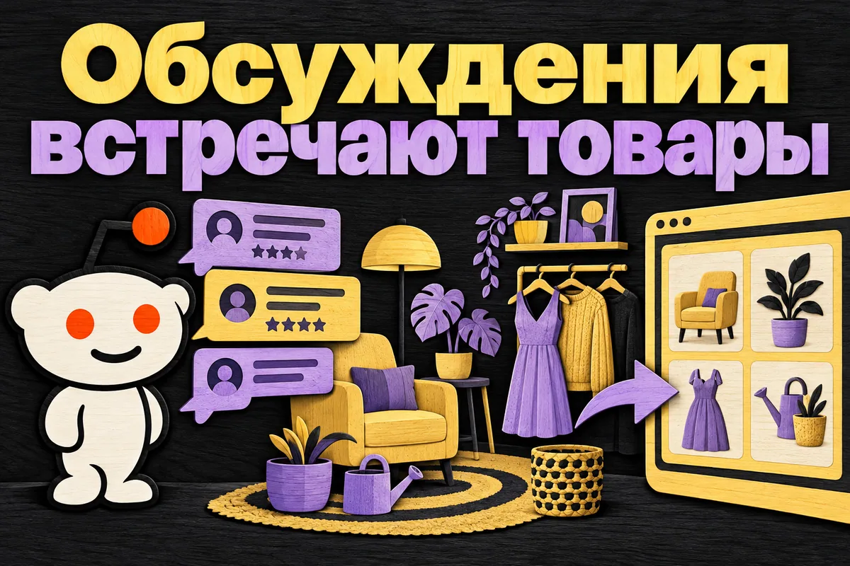 Логотип Reddit и надпись «Обсуждения встречают товары»: Логотип Reddit, карточки отзывов рядом с интерьером и одеждой, стрелка к каталогу без фиктивных цен