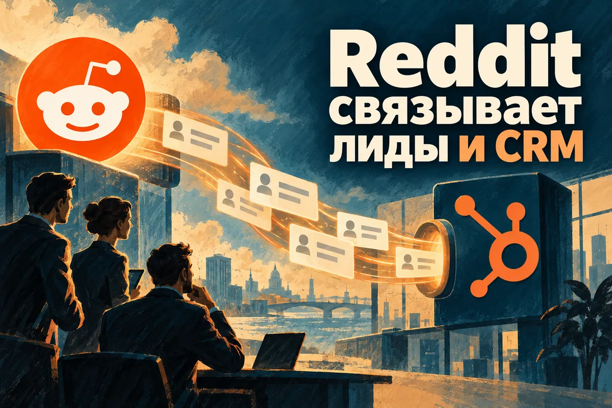 Логотип Reddit и надпись «Reddit связывает лиды и CRM»: Оранжевый логотип Reddit и узнаваемый знак HubSpot соединены потоком карточек заявок