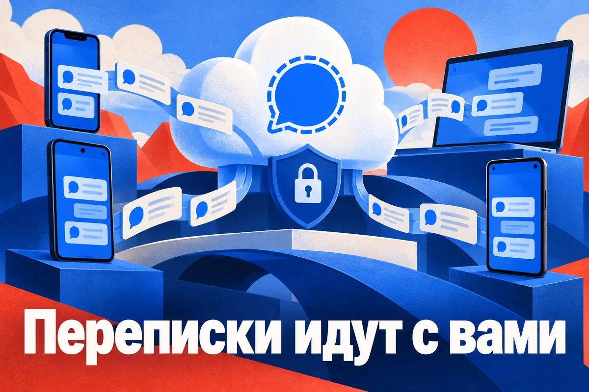 Логотип Signal и надпись «Переписки идут с вами»: Узнаваемый синий логотип Signal внутри защищённого облака, разные телефоны и ноутбук соединены архивными
