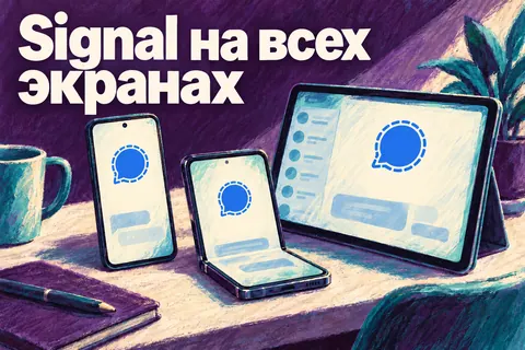 Логотип Signal и надпись «Signal на всех экранах»: Узнаваемый логотип Signal, телефон, складной смартфон и планшет на одном столе