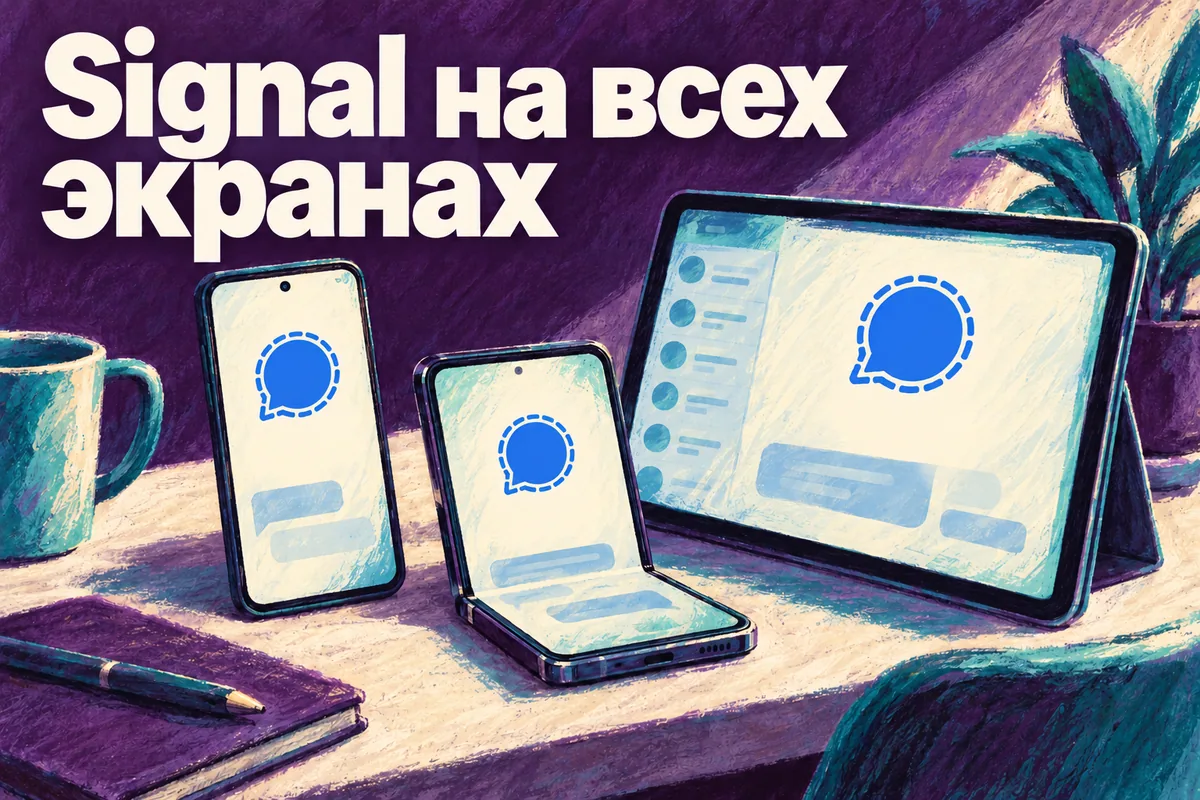Логотип Signal и надпись «Signal на всех экранах»: Узнаваемый логотип Signal, телефон, складной смартфон и планшет на одном столе