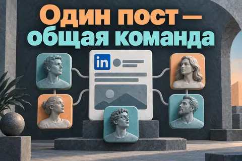 Логотип LinkedIn и надпись «Один пост — общая команда»: Узнаваемый синий логотип LinkedIn in, общий пост окружён разными карточками авторов