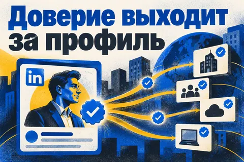 Логотип LinkedIn и надпись «Доверие выходит за профиль»: Логотип LinkedIn in и значки подтверждения переходят с профессионального профиля на разные сервисы
