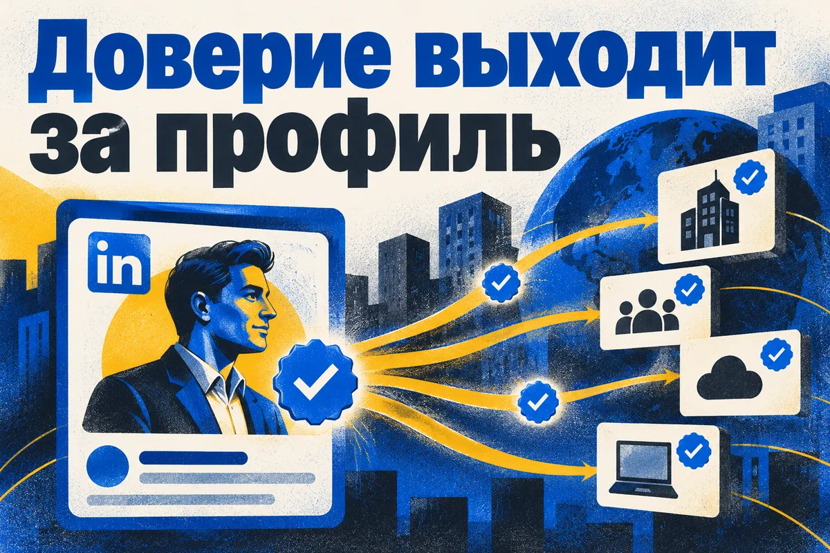 Логотип LinkedIn и надпись «Доверие выходит за профиль»: Логотип LinkedIn in и значки подтверждения переходят с профессионального профиля на разные сервисы
