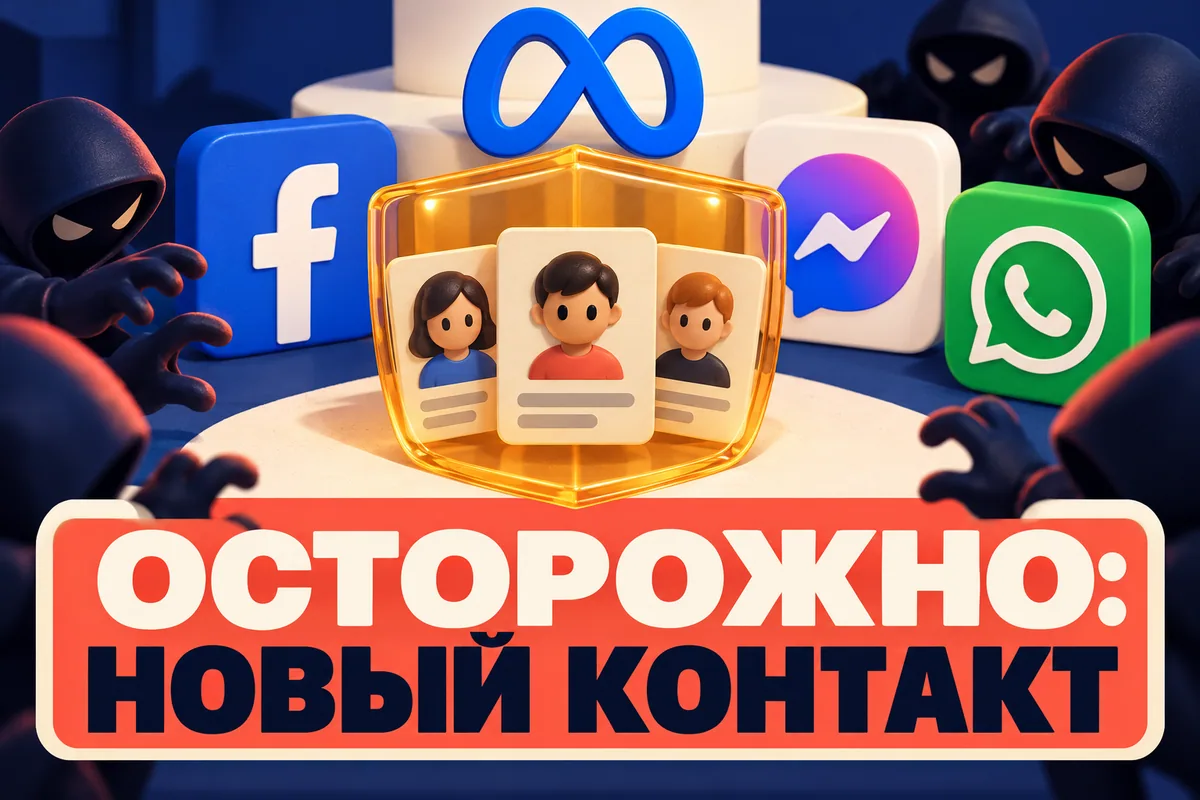 Логотип Meta, Facebook, Messenger, WhatsApp и надпись «ОСТОРОЖНО: НОВЫЙ КОНТАКТ» на постере новости