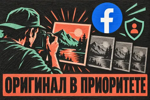Логотип Facebook и надпись «ОРИГИНАЛ В ПРИОРИТЕТЕ» на постере новости