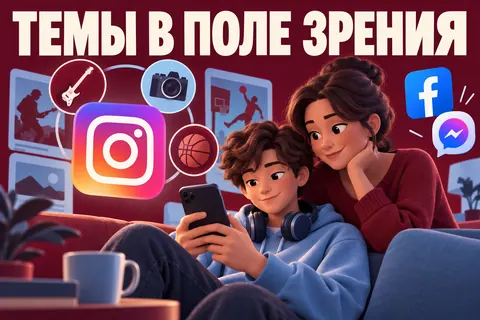 Логотип Instagram, Facebook, Messenger и надпись «ТЕМЫ В ПОЛЕ ЗРЕНИЯ» на постере новости