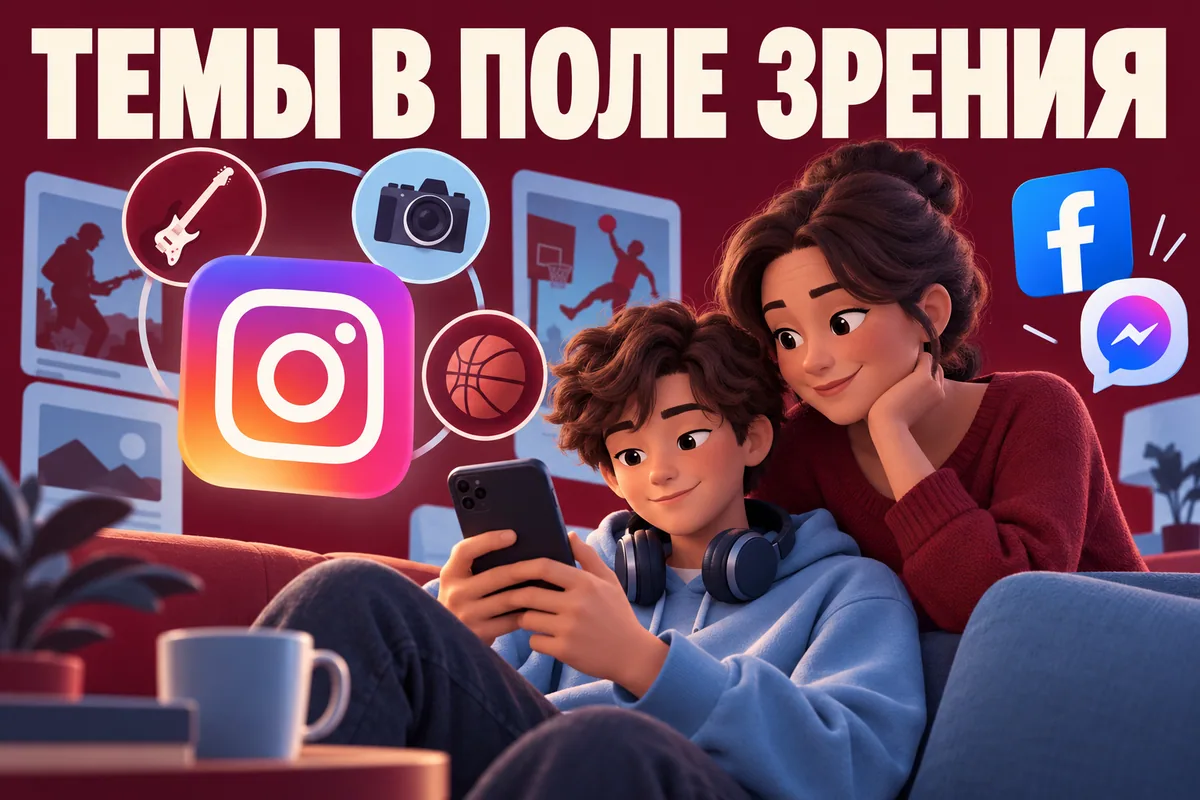 Логотип Instagram, Facebook, Messenger и надпись «ТЕМЫ В ПОЛЕ ЗРЕНИЯ» на постере новости