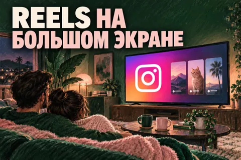 Логотип Instagram и надпись «REELS НА БОЛЬШОМ ЭКРАНЕ» на постере новости