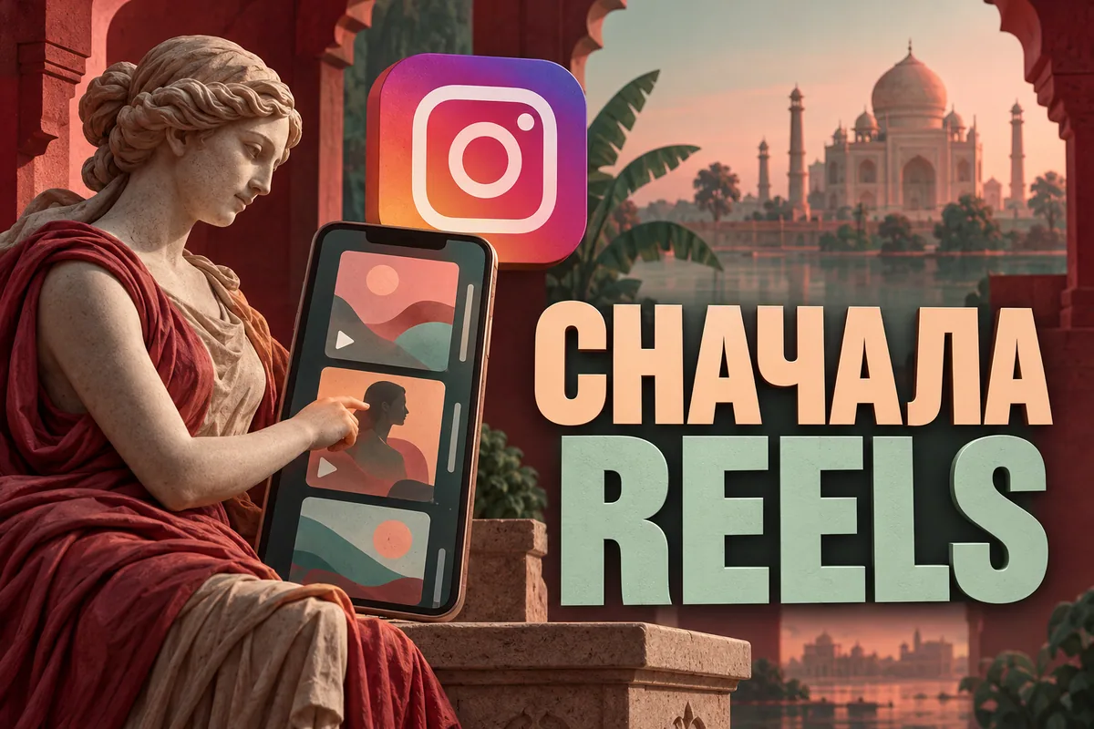 Логотип Instagram и надпись «СНАЧАЛА REELS» на постере новости