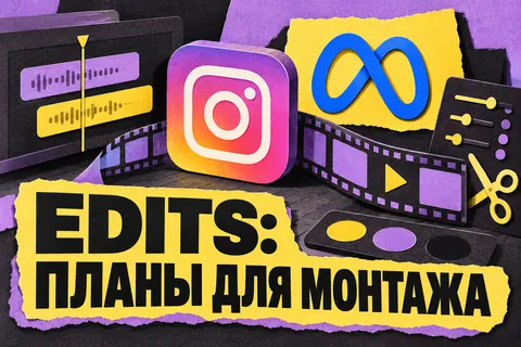 Логотип Instagram, Meta и надпись «EDITS: ПЛАНЫ ДЛЯ МОНТАЖА» на постере новости