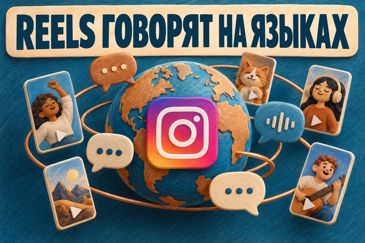 Логотип Instagram и надпись «REELS ГОВОРЯТ НА ЯЗЫКАХ» на постере новости