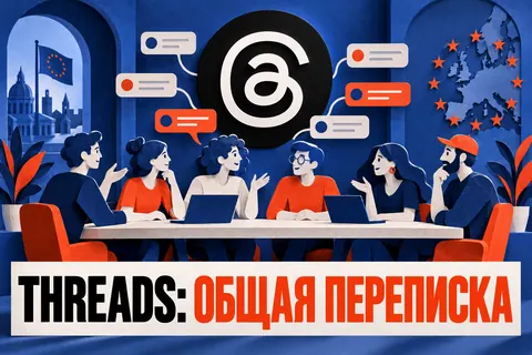 Логотип Threads и надпись «THREADS: ОБЩАЯ ПЕРЕПИСКА» на постере новости